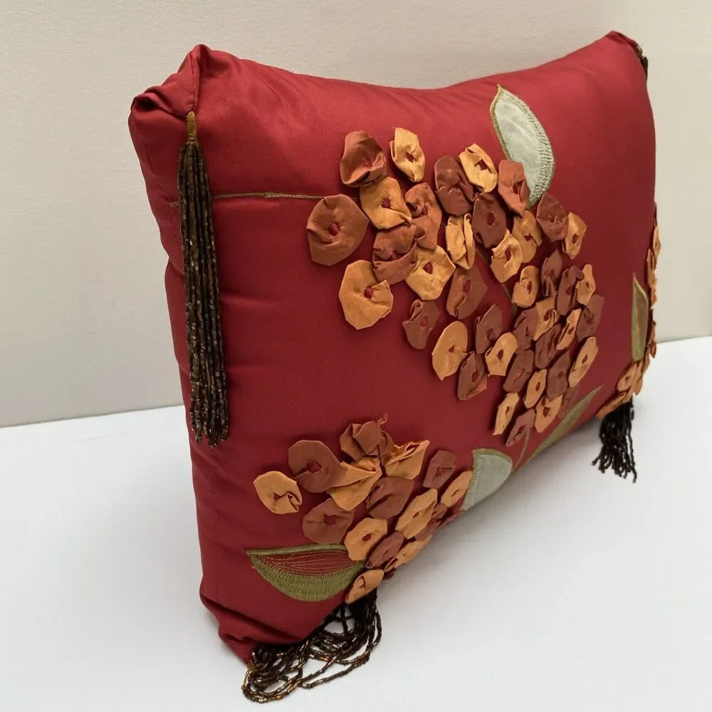 Pier 1 Boho Pillow Red Satin Ribbon Appliqué Floral Embroidered Beaded tassels
